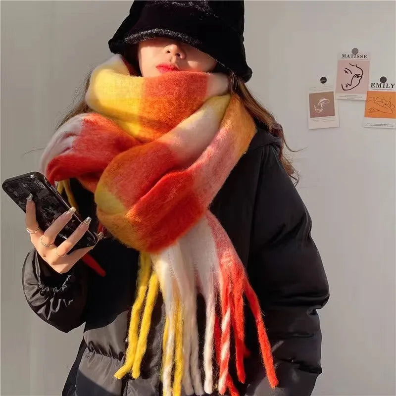 Oversized Woven Winter Scarf with Fringed Gradient Design