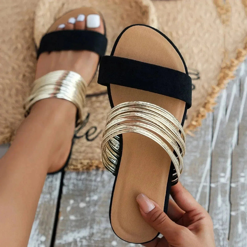 Ladies Slip-On Sandals with Comfortable Sole and Decorative Strap Rings