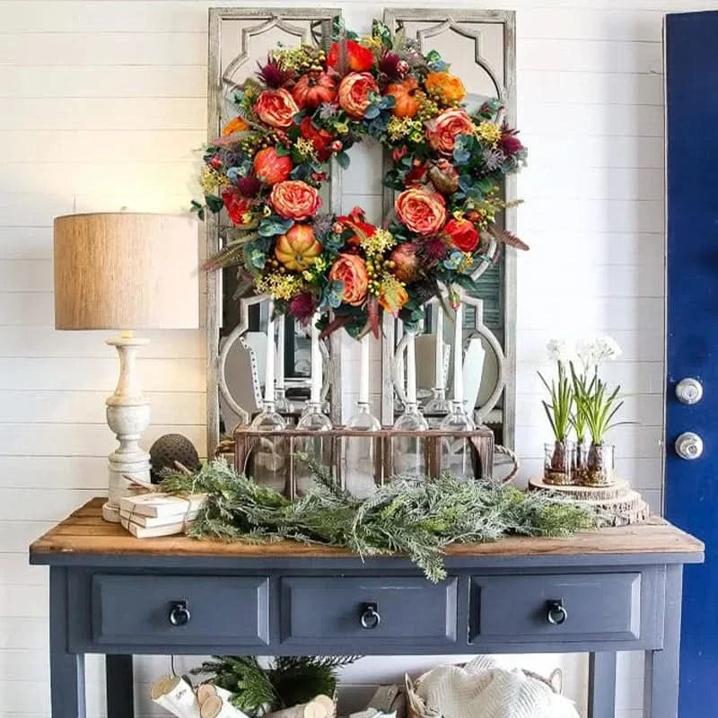 Autumn Floral Wreath with Pumpkins and Layered Foliage