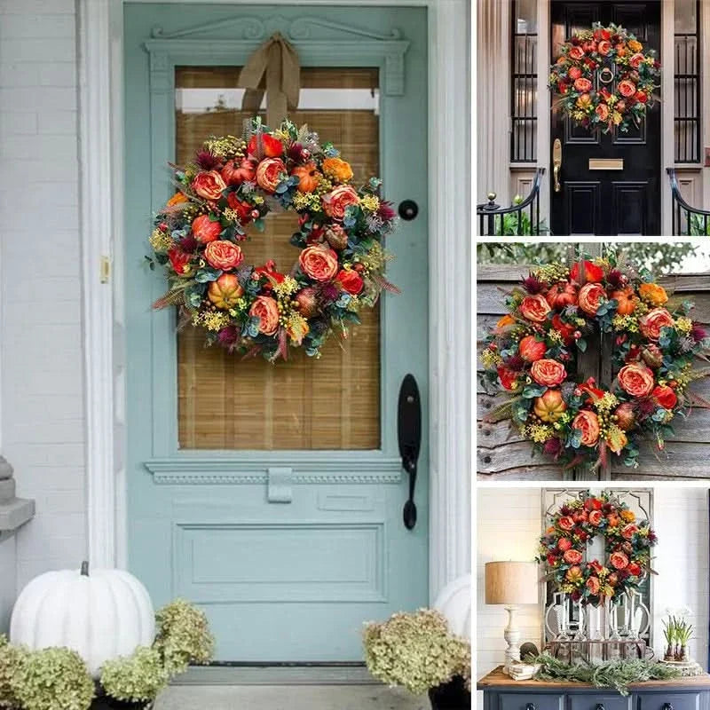 Autumn Floral Wreath with Pumpkins and Layered Foliage