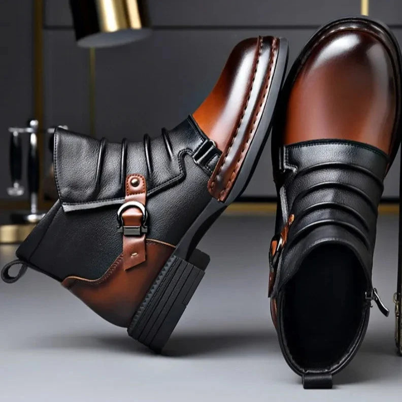 Men's Genuine Leather Ankle Boots with Side Zip and Buckle Strap