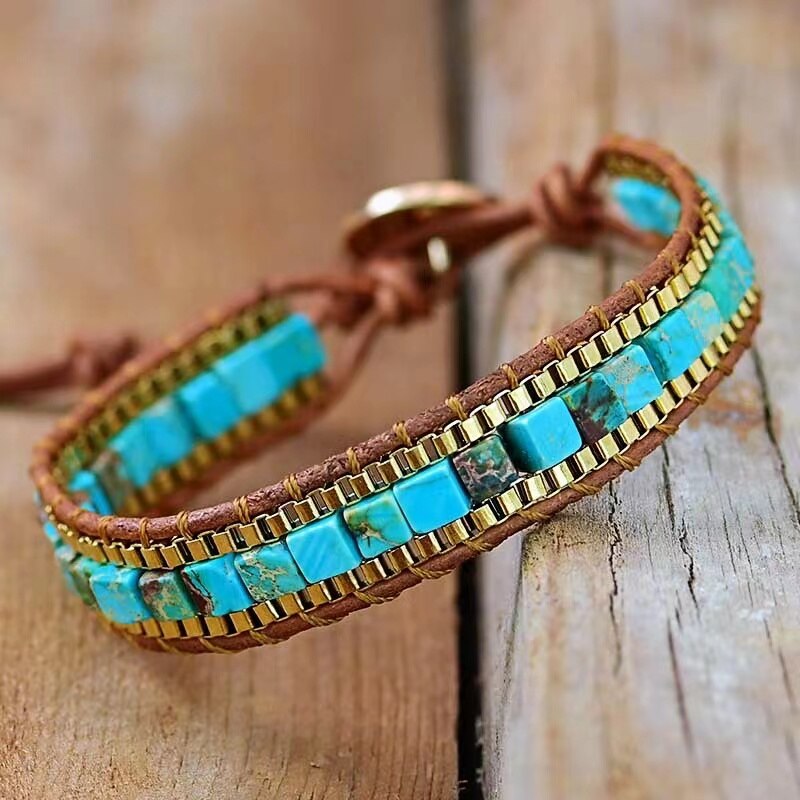 Stone Bracelet with Framed Square Beads and a Button Closure
