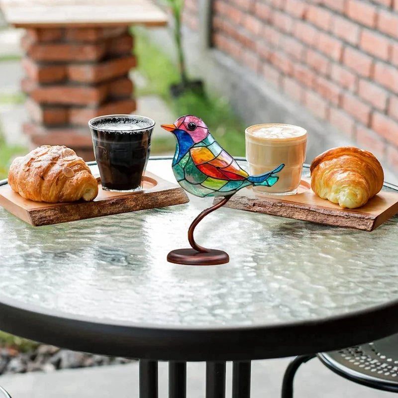 Modern bird table sculpture with coloured glass and decorative art design
