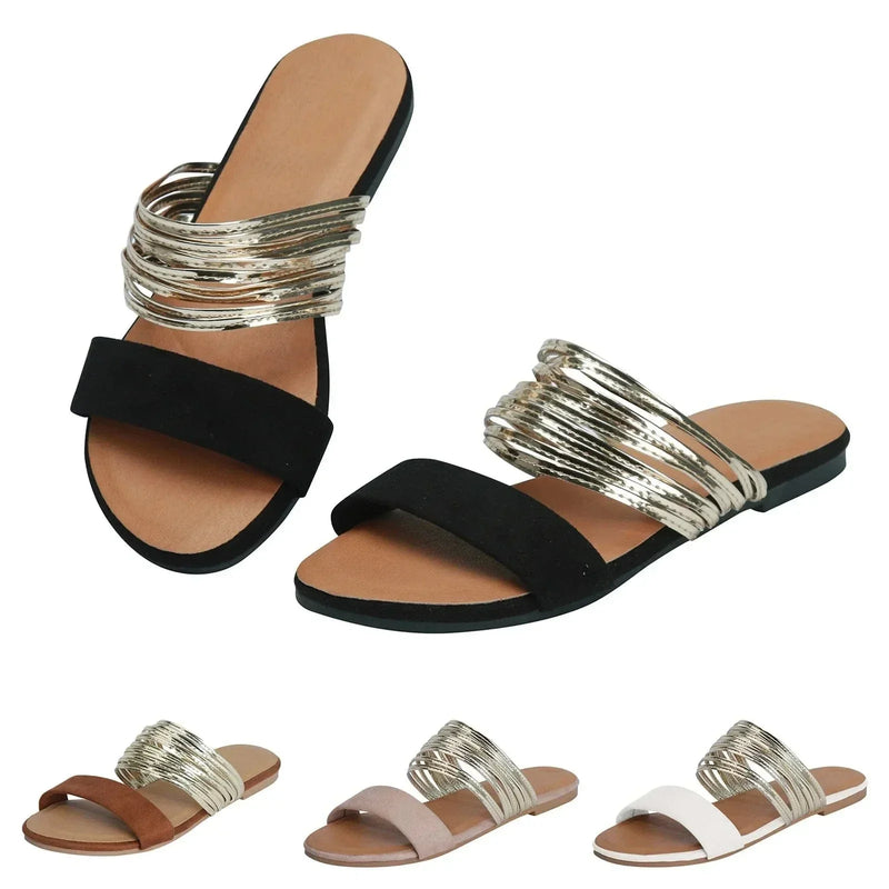 Ladies Slip-On Sandals with Comfortable Sole and Decorative Strap Rings