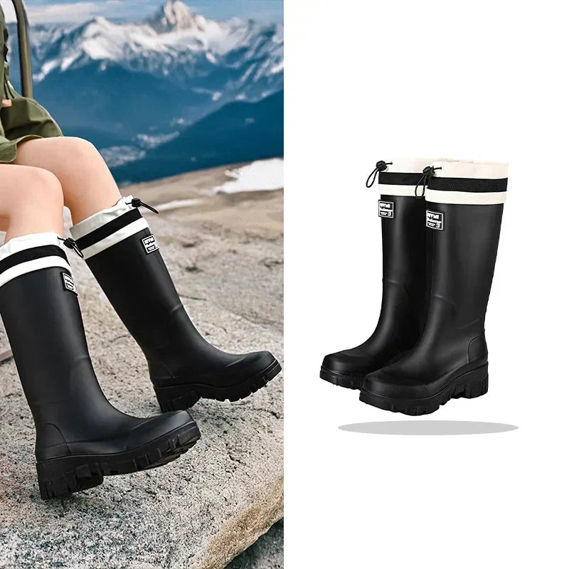 Women’s Rubber Rain Boots with Drawstring Cuffs and Textured Tread