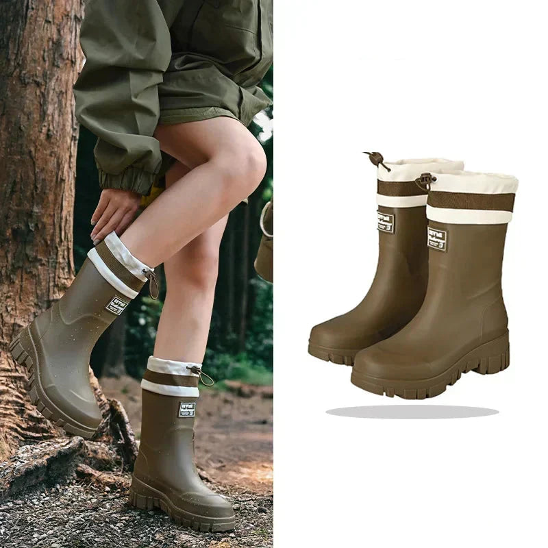 Women’s Rubber Rain Boots with Drawstring Cuffs and Textured Tread