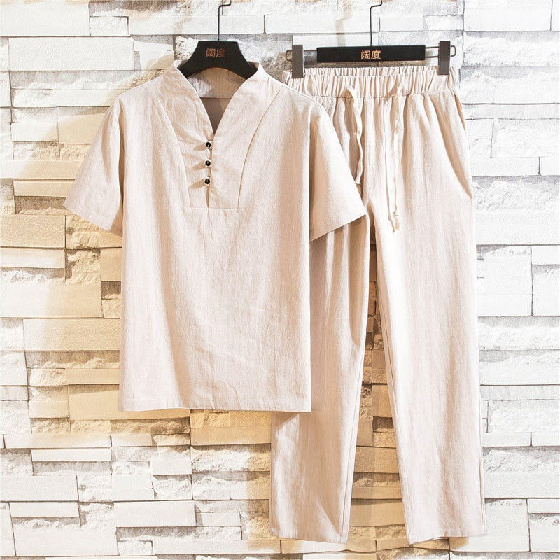 Men's Linen Summer Set with Short Sleeves and Trousers