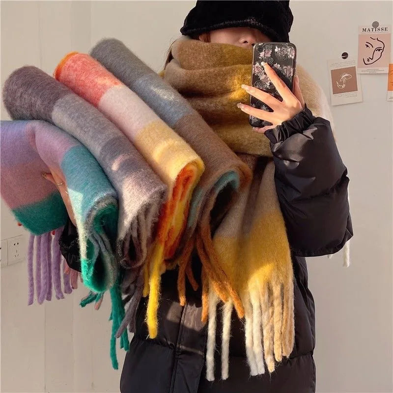 Oversized Woven Winter Scarf with Fringed Gradient Design