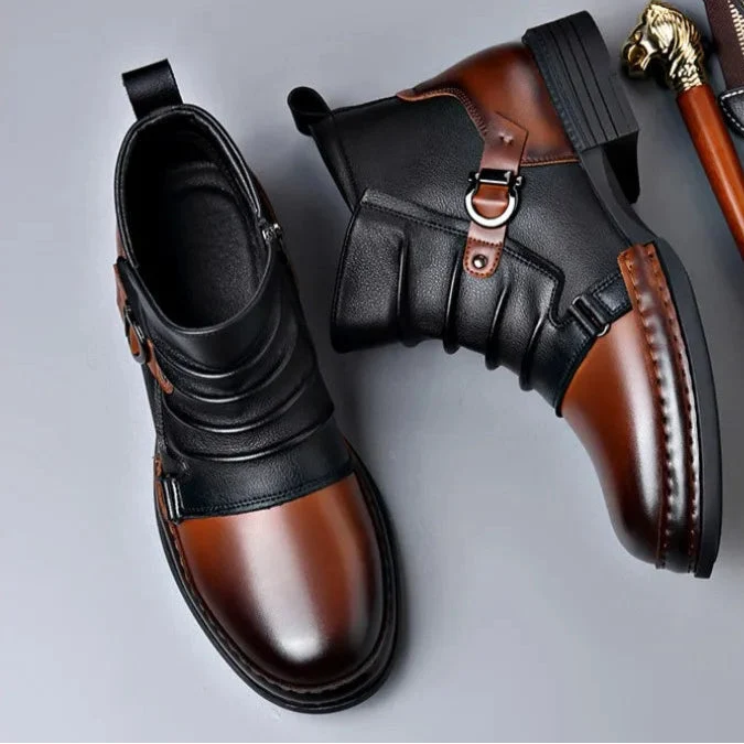 Men's Genuine Leather Ankle Boots with Side Zip and Buckle Strap