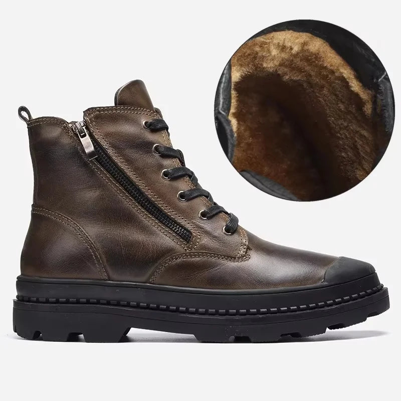 Vintage Men's Leather Boots with Lace and Zip Closure – Warm, Sturdy and Durable