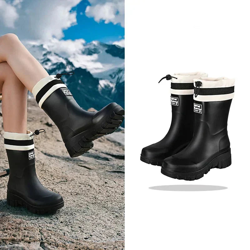 Women’s Rubber Rain Boots with Drawstring Cuffs and Textured Tread