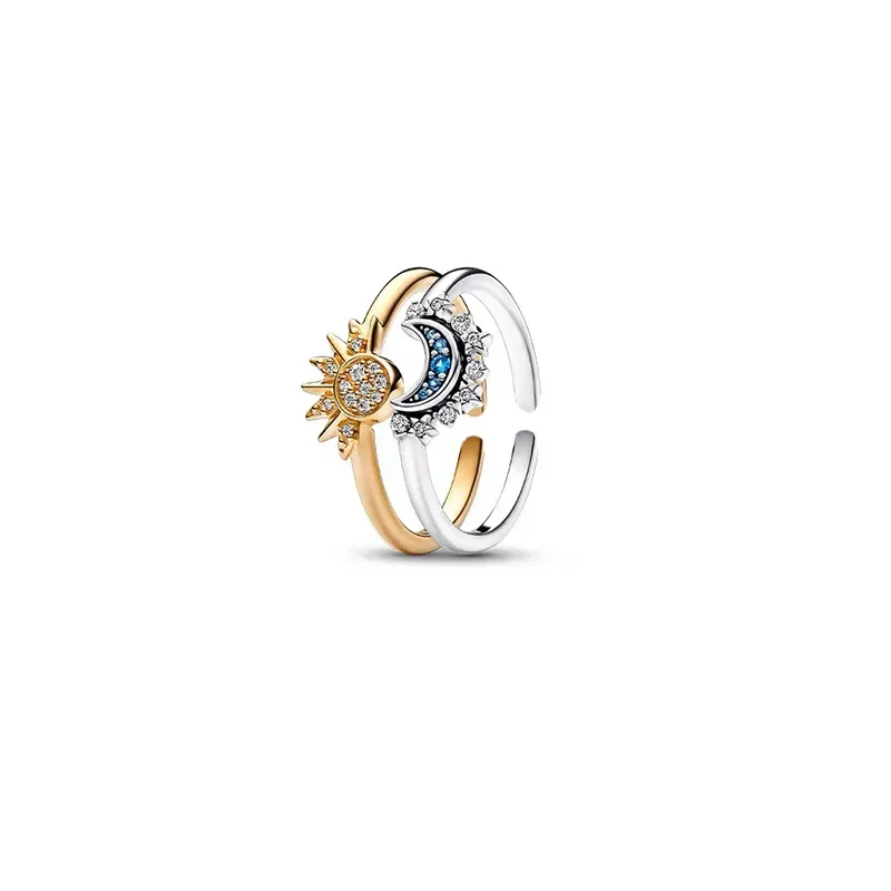 Two-Piece Sun and Moon Ring Set with Crystal-Style Details