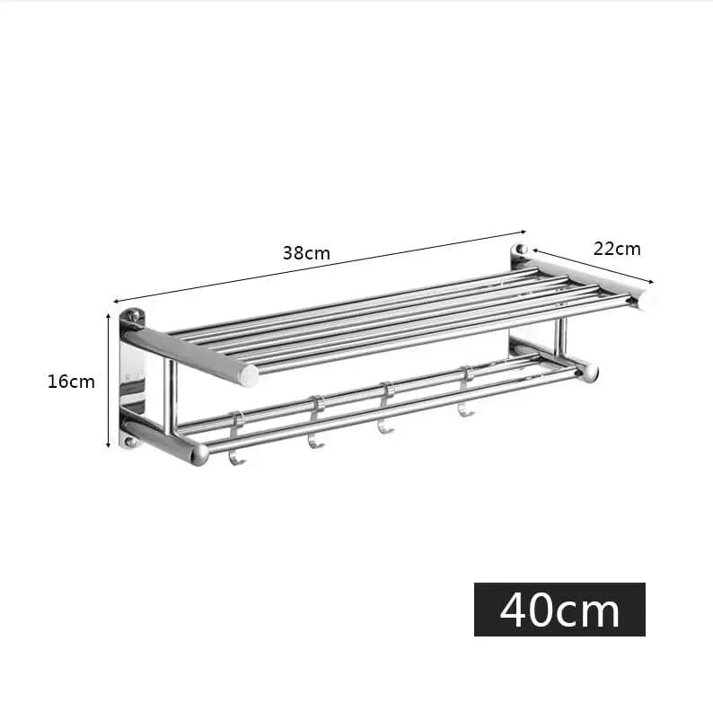 Wall-Mounted Stainless Steel Towel Rack with Shelf and Hooks