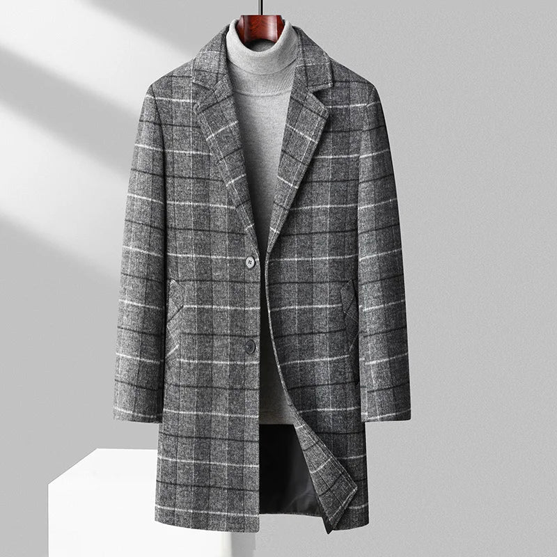 Men's Wool Overcoat with Check Pattern and Quilted Lining – Timeless and Warm