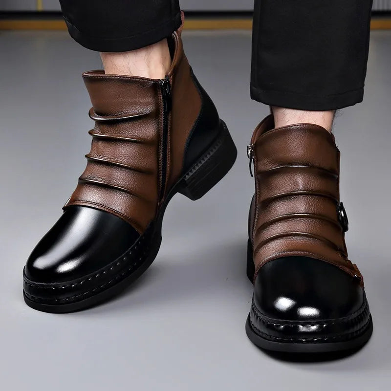 Men's Genuine Leather Ankle Boots with Side Zip and Buckle Strap