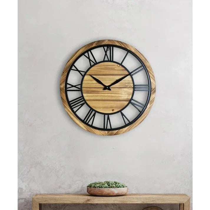 Rustic Wooden Wall Clock with Roman Numerals for Living Room or Hall