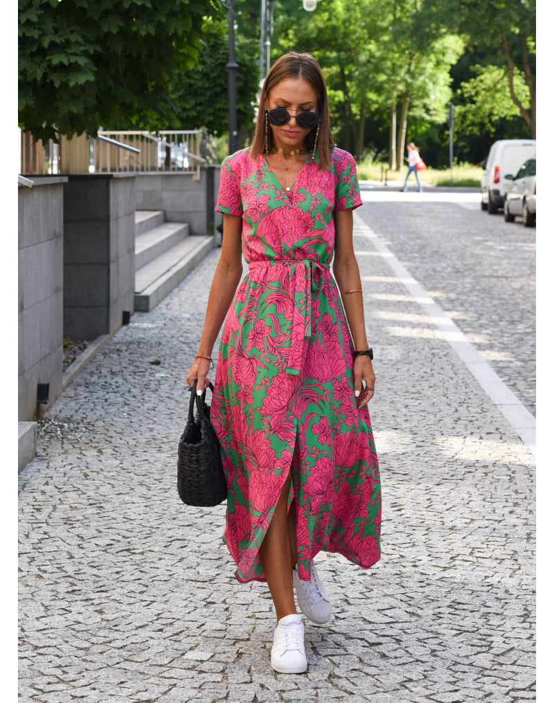 Light Floral Print Summer Dress for Women with Waistband and Split