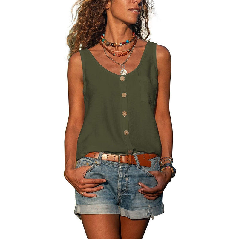 Ladies' Tank Top with Button Detail and Round Neck Summer Top