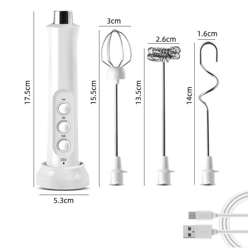 3-in-1 Rechargeable Electric Milk Frother with Adjustable Speed & Mixing Attachments