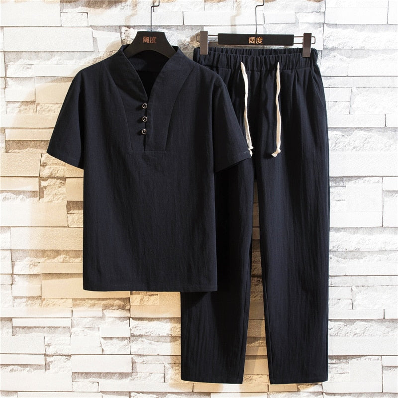 Men's Linen Summer Set with Short Sleeves and Trousers