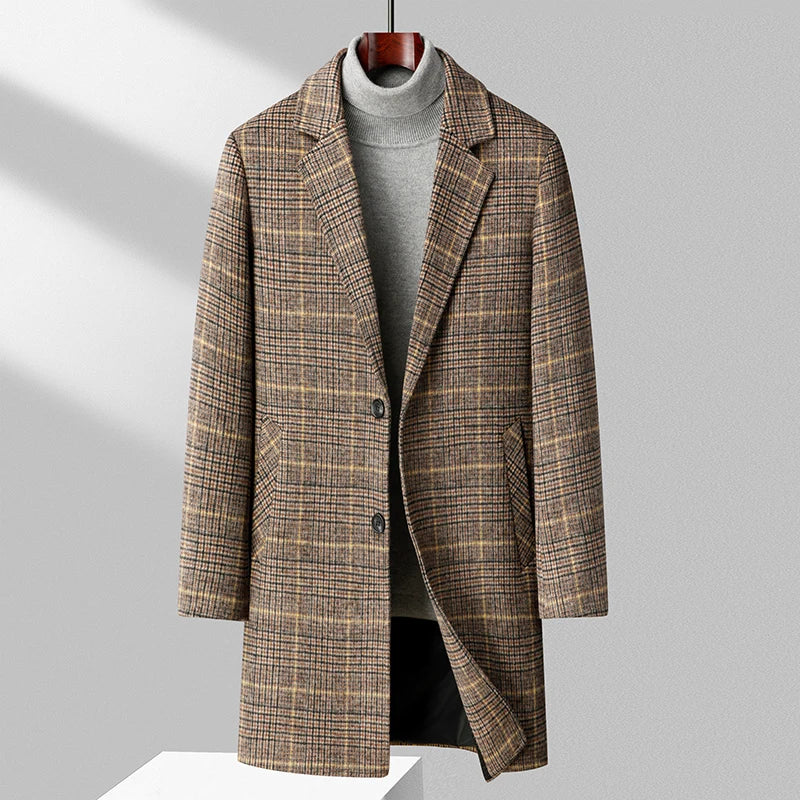 Men's Wool Overcoat with Check Pattern and Quilted Lining – Timeless and Warm