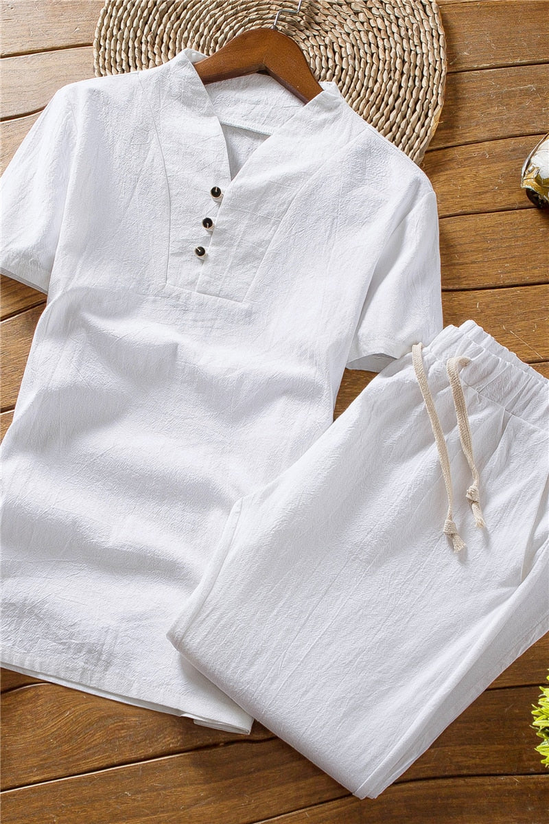 Men's Linen Summer Set with Short Sleeves and Trousers