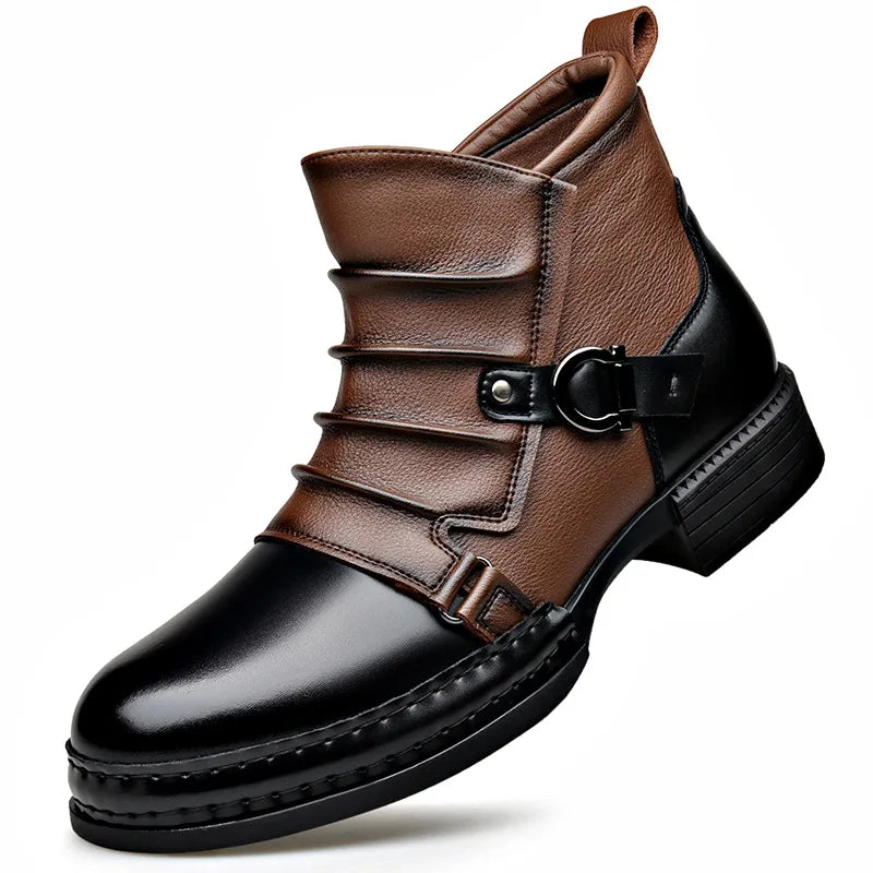 Men's Genuine Leather Ankle Boots with Side Zip and Buckle Strap