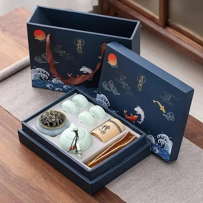 Traditional Ceramic Tea Set with Teapot, Cups, and Incense Holder for Relaxing Tea Moments