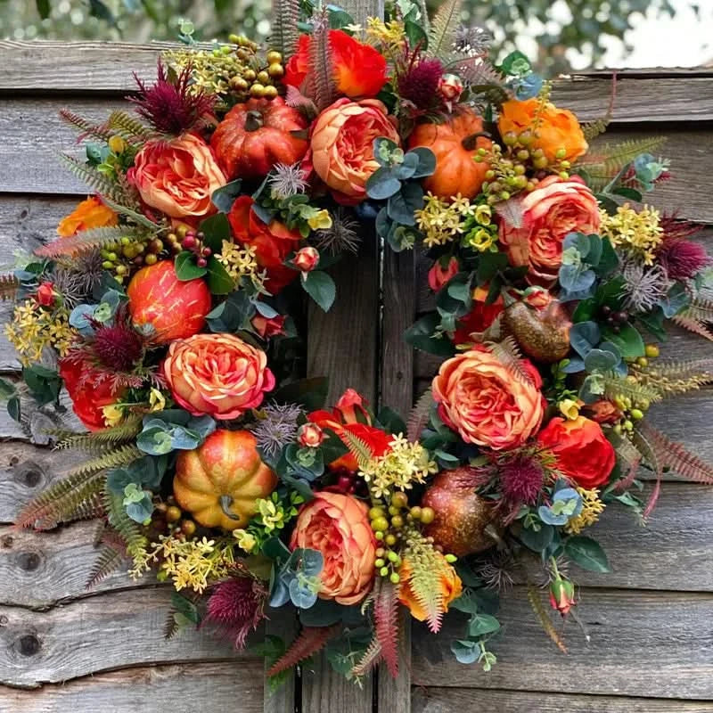 Autumn Floral Wreath with Pumpkins and Layered Foliage