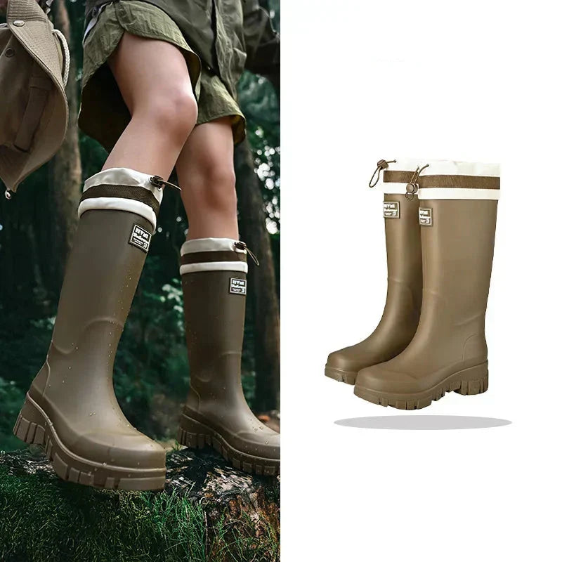 Women’s Rubber Rain Boots with Drawstring Cuffs and Textured Tread