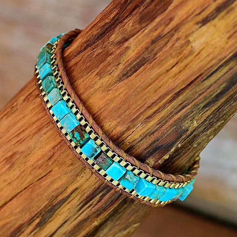 Stone Bracelet with Framed Square Beads and a Button Closure