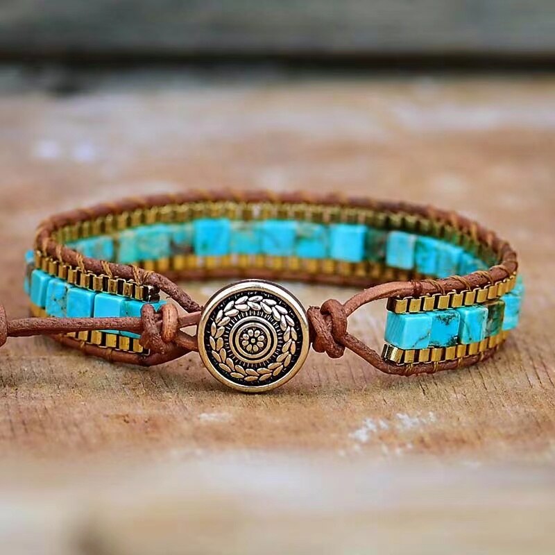 Stone Bracelet with Framed Square Beads and a Button Closure