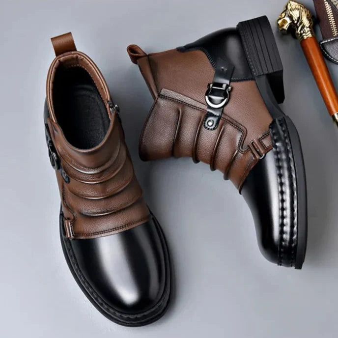 Men's Genuine Leather Ankle Boots with Side Zip and Buckle Strap