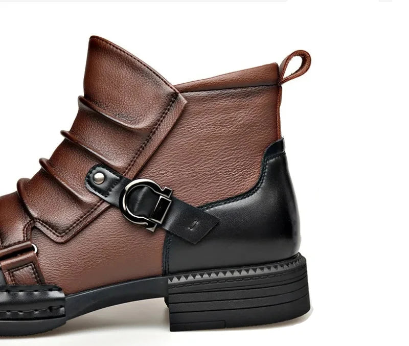 Men's Genuine Leather Ankle Boots with Side Zip and Buckle Strap