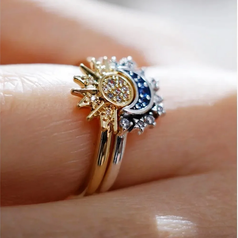 Two-Piece Sun and Moon Ring Set with Crystal-Style Details
