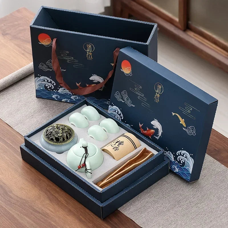Traditional Ceramic Tea Set with Teapot, Cups, and Incense Holder for Relaxing Tea Moments