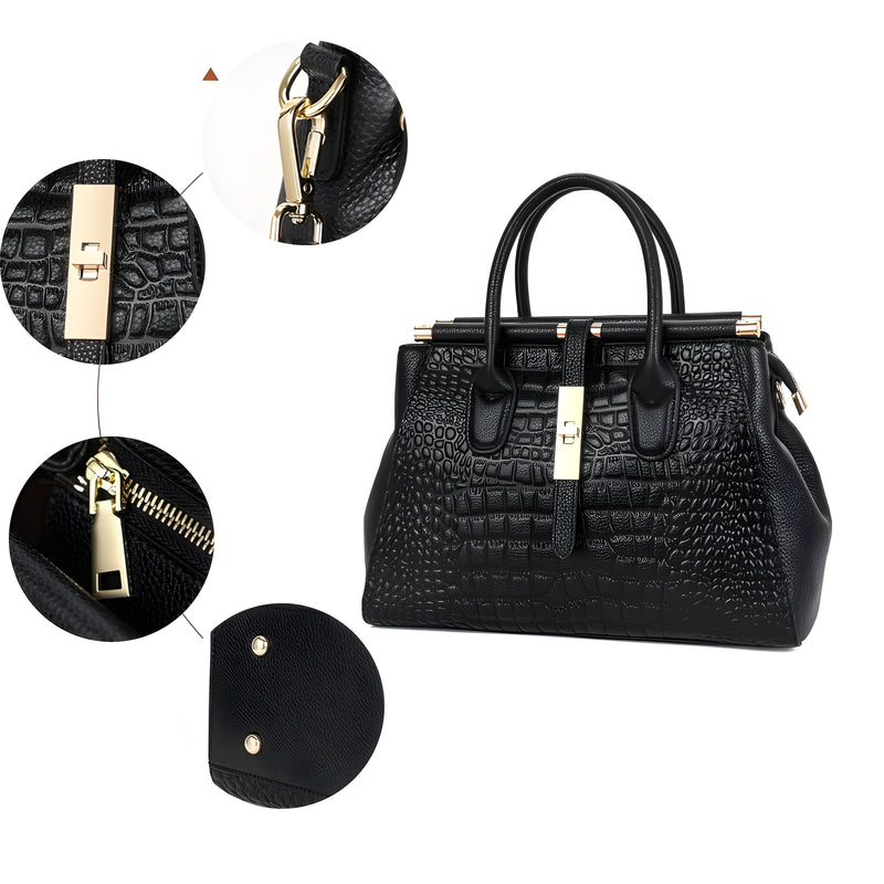 Ladies' Leather Handbag with Alligator Relief and Multiple Compartments