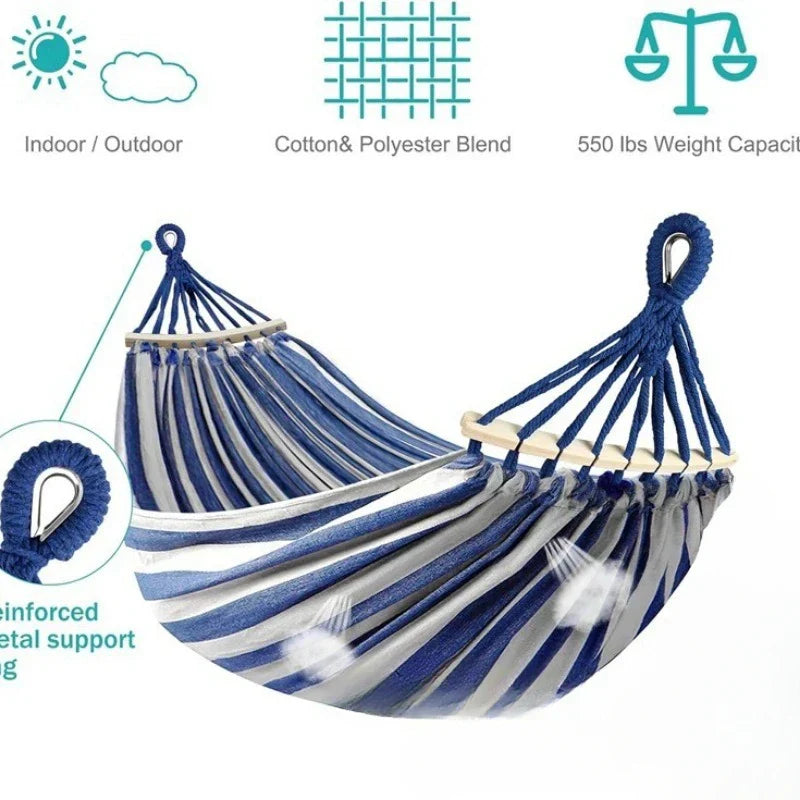 Double Canvas Hammock with Wooden Spreaders for Outdoors