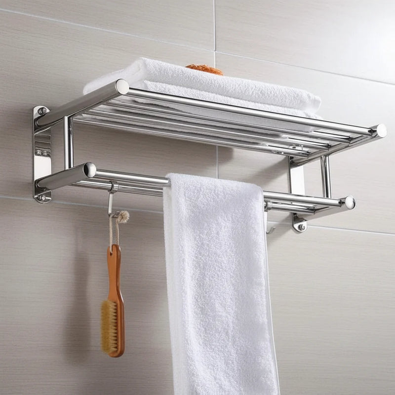 Wall-Mounted Stainless Steel Towel Rack with Shelf and Hooks