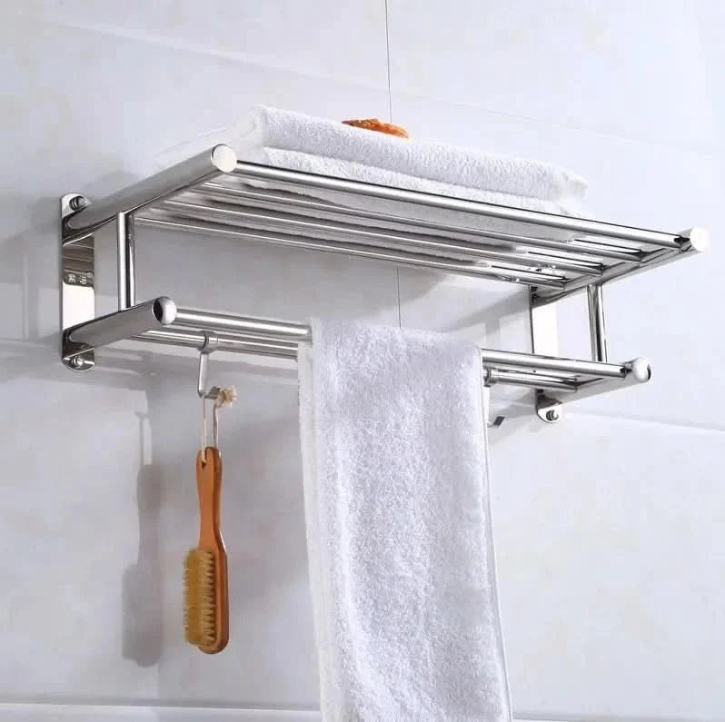 Wall-Mounted Stainless Steel Towel Rack with Shelf and Hooks
