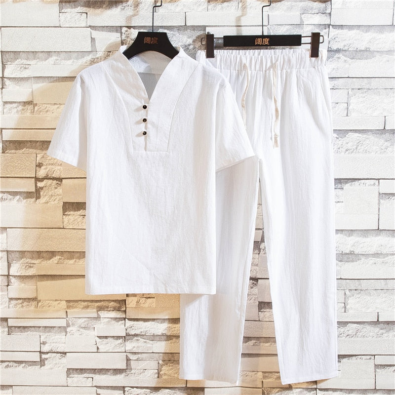 Men's Linen Summer Set with Short Sleeves and Trousers