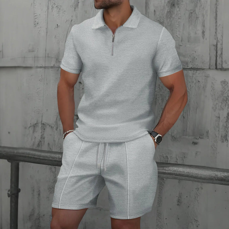 Men's Summer Set with Zip Collar Polo and Comfortable Shorts