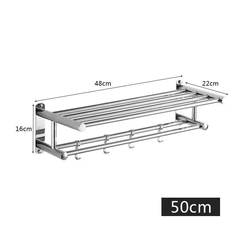 Wall-Mounted Stainless Steel Towel Rack with Shelf and Hooks