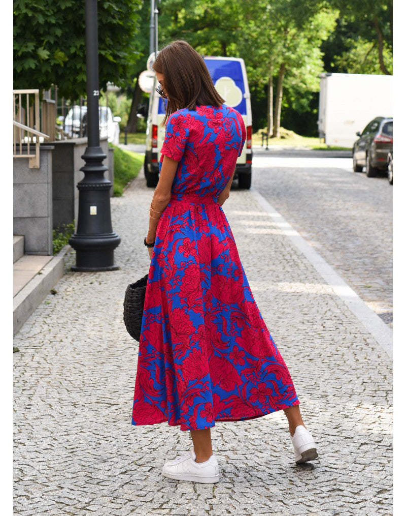 Light Floral Print Summer Dress for Women with Waistband and Split