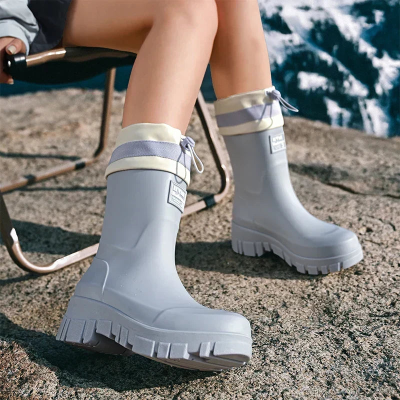 Women’s Rubber Rain Boots with Drawstring Cuffs and Textured Tread