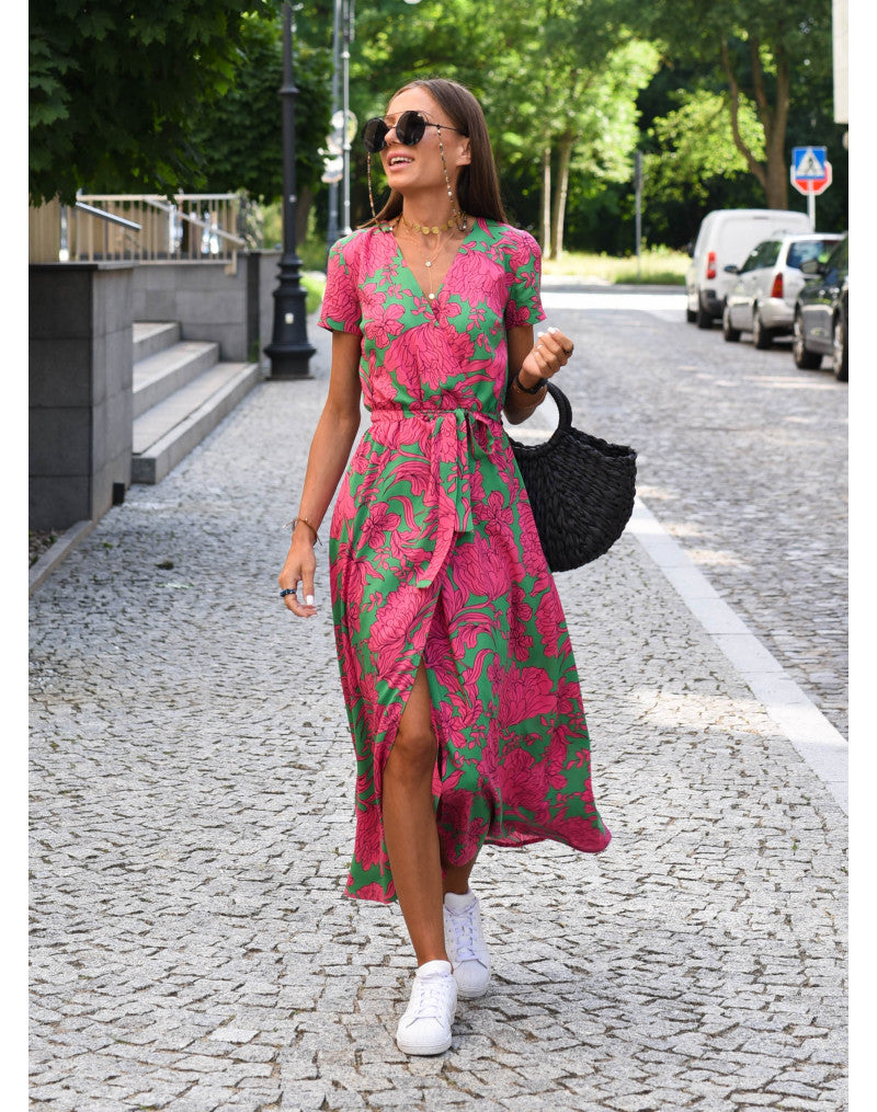 Light Floral Print Summer Dress for Women with Waistband and Split