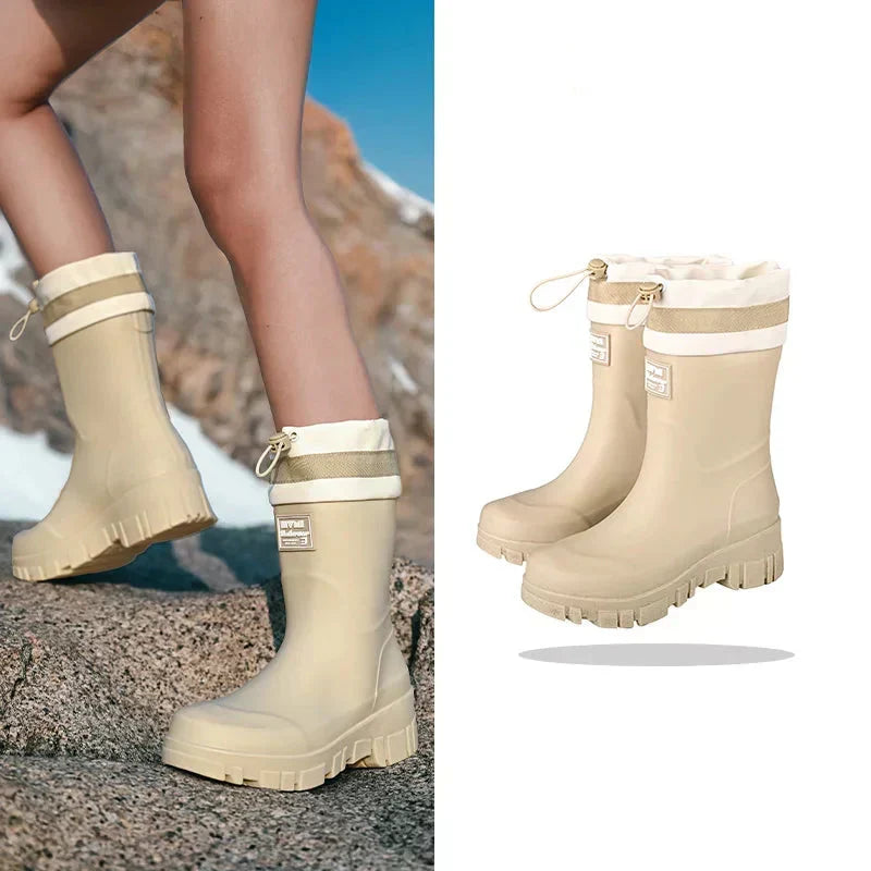 Women’s Rubber Rain Boots with Drawstring Cuffs and Textured Tread