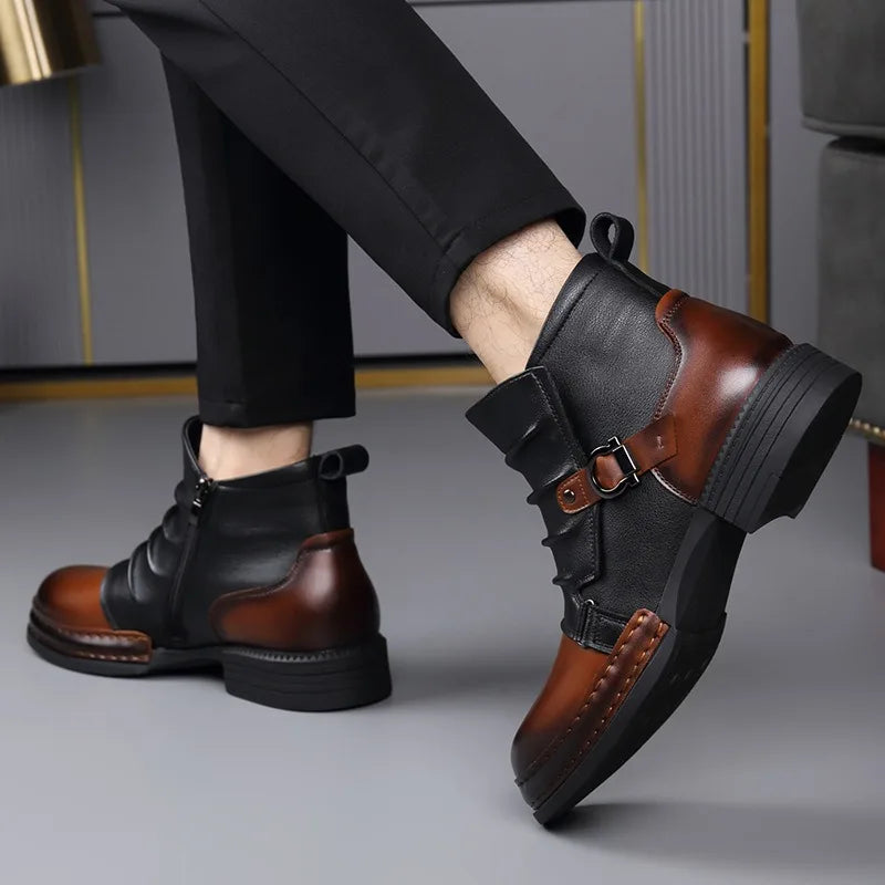Men's Genuine Leather Ankle Boots with Side Zip and Buckle Strap