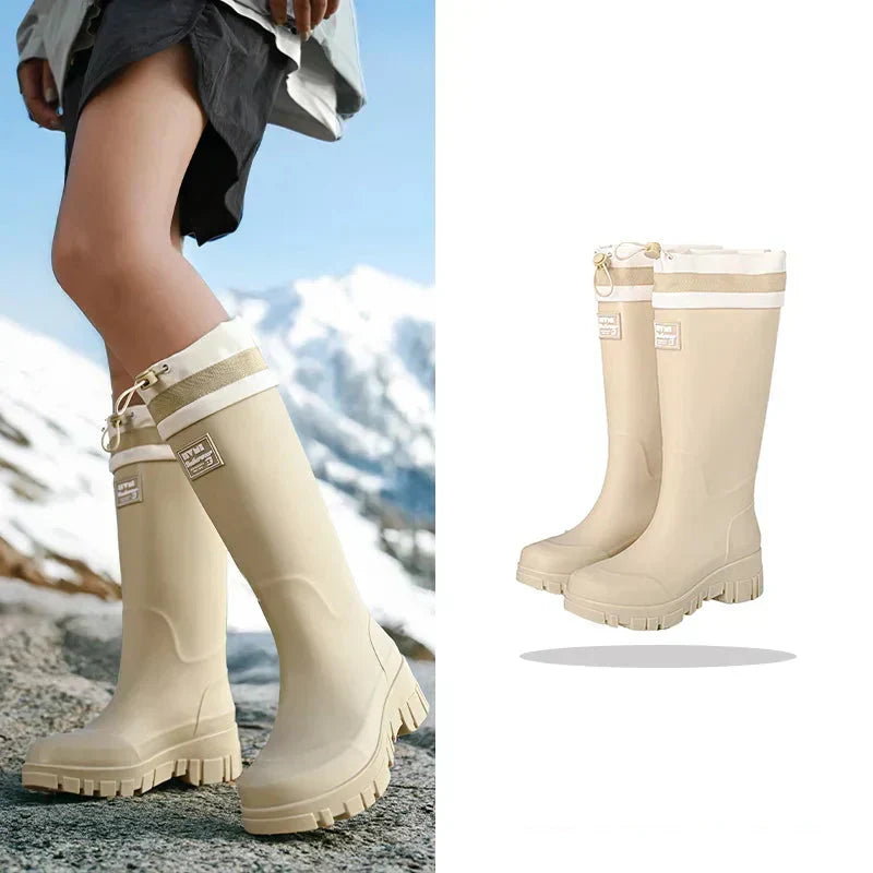 Women’s Rubber Rain Boots with Drawstring Cuffs and Textured Tread