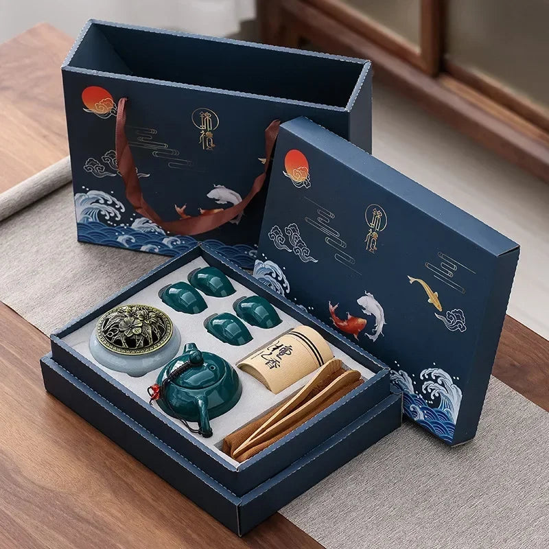 Traditional Ceramic Tea Set with Teapot, Cups, and Incense Holder for Relaxing Tea Moments